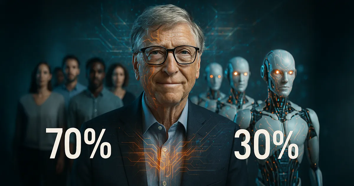 BillGates in der Mitte von 30% Robotern und 70% Menschen
